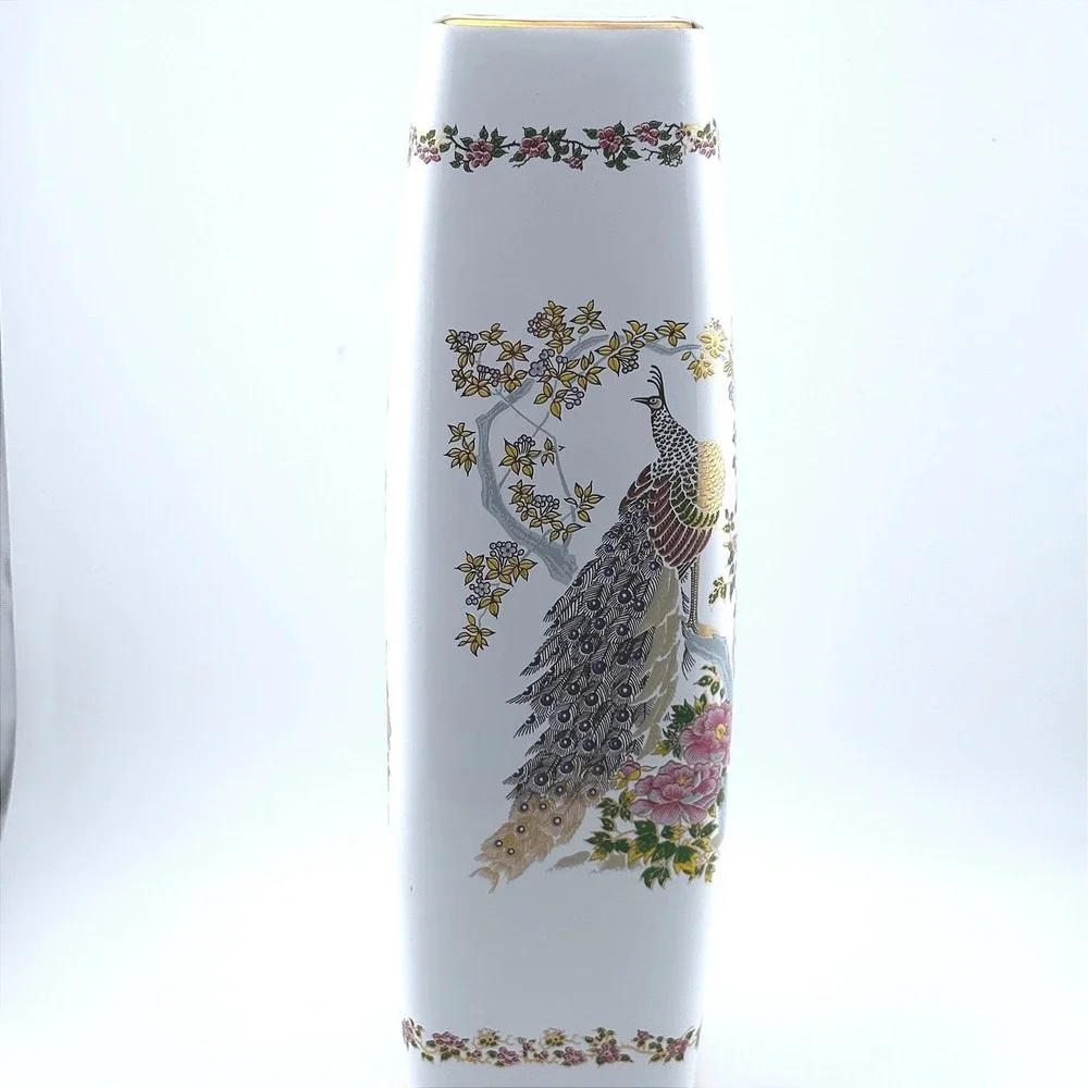Special Greece 24K Gold Trim Peacock Porcelain Vase Vintage Handmade Square